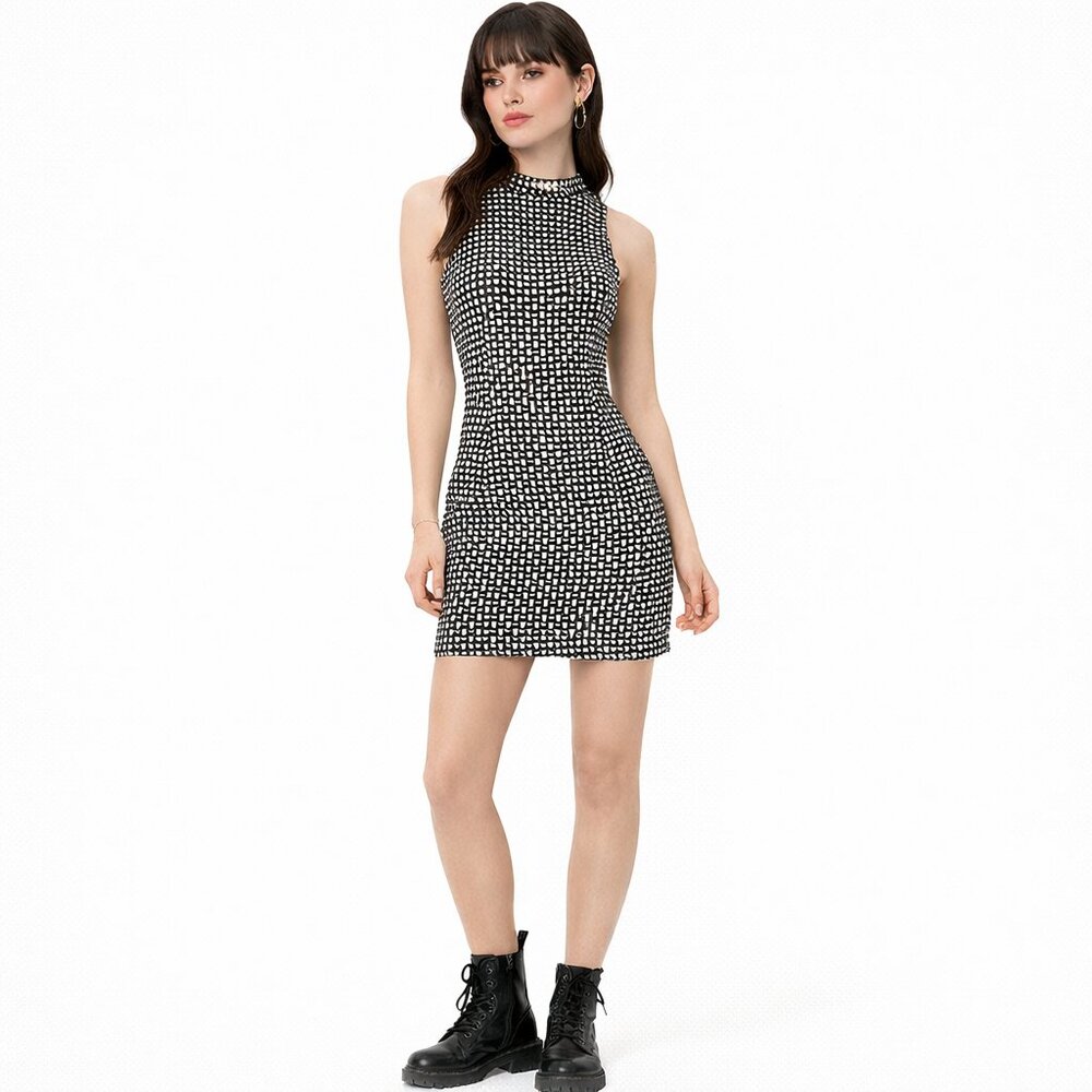 Zara Knit Black White Textured Sleeveless Shift Dress Minimalist Midi Size M